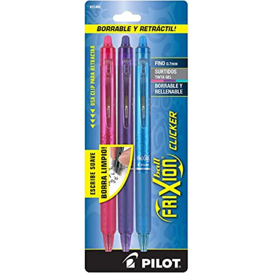 

FriXion Clicker Erasable, Refillable and Retractable Gel Ink Pens, Fine Point, Pink/Purple/Turquoise Inks, 3-Pack 31469