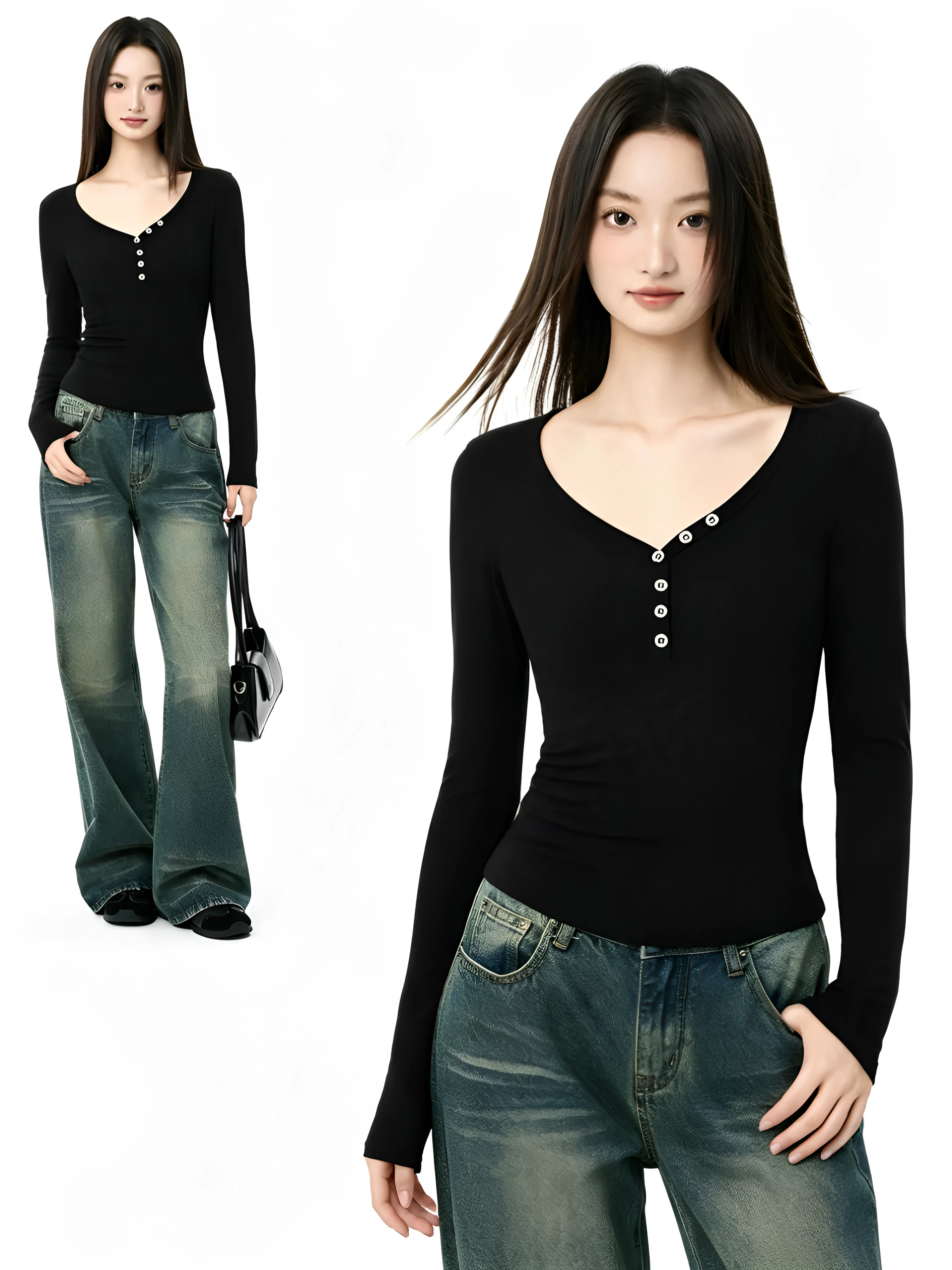 Women's V-Neck Long Sleeve Base Shirt Spring Autumn New Style plus Size Slim Fit Inner Wear Commute Wind Korean Version T-Shi...