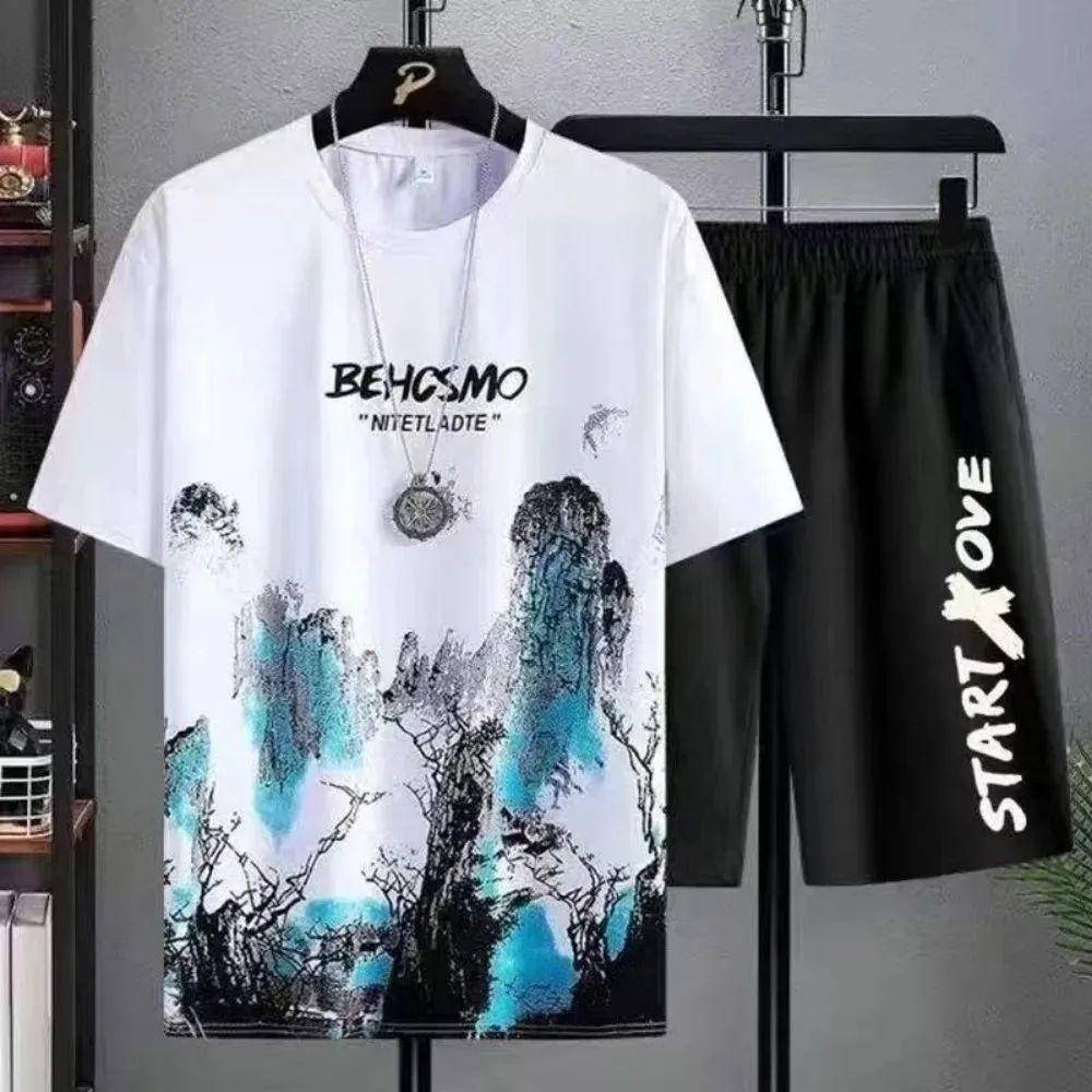 2025 New Summer Casual Men's Breathable Manga Graffiti Round Neck T-shirt Shorts Set Outdoor Leisure Sports Set
