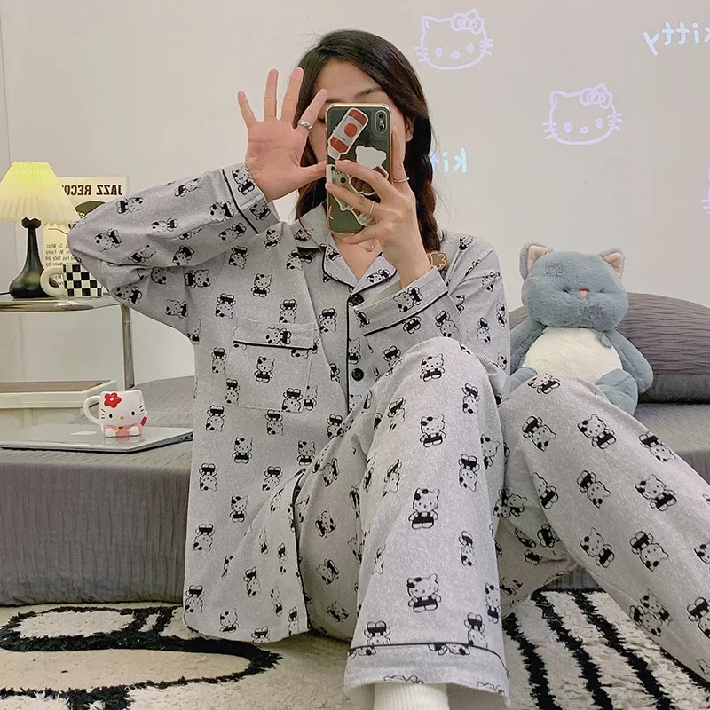 Sanrio-Pijama de Hello Kitty para mujer, cárdigan de manga larga con estampado completo de dibujos animados, ropa de estar por casa para estudiantes, novedad de otoño