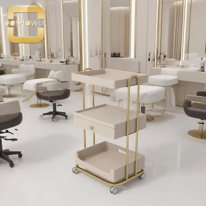 Metal Frame Beauty Salon Cart with 4 Wheels for Spa Skin Care Treatment Customizable Color Mobile Trolley Storage Shelf Unit