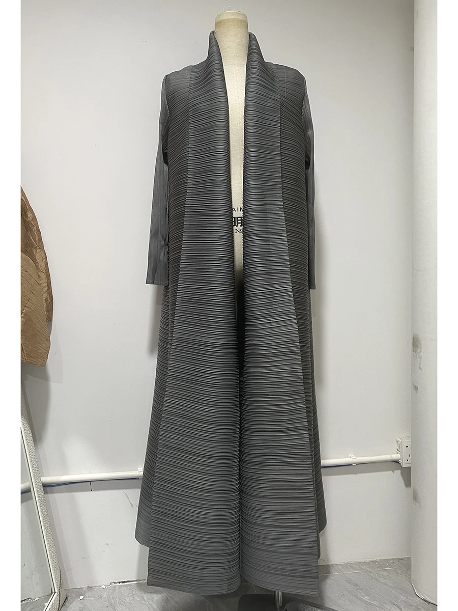 Miyake Pleated Turndown Collar Long Sleeve Cardigan Dress Long Coats Women 2024 New Abaya Fashion Solid Loose Large Size Clothes