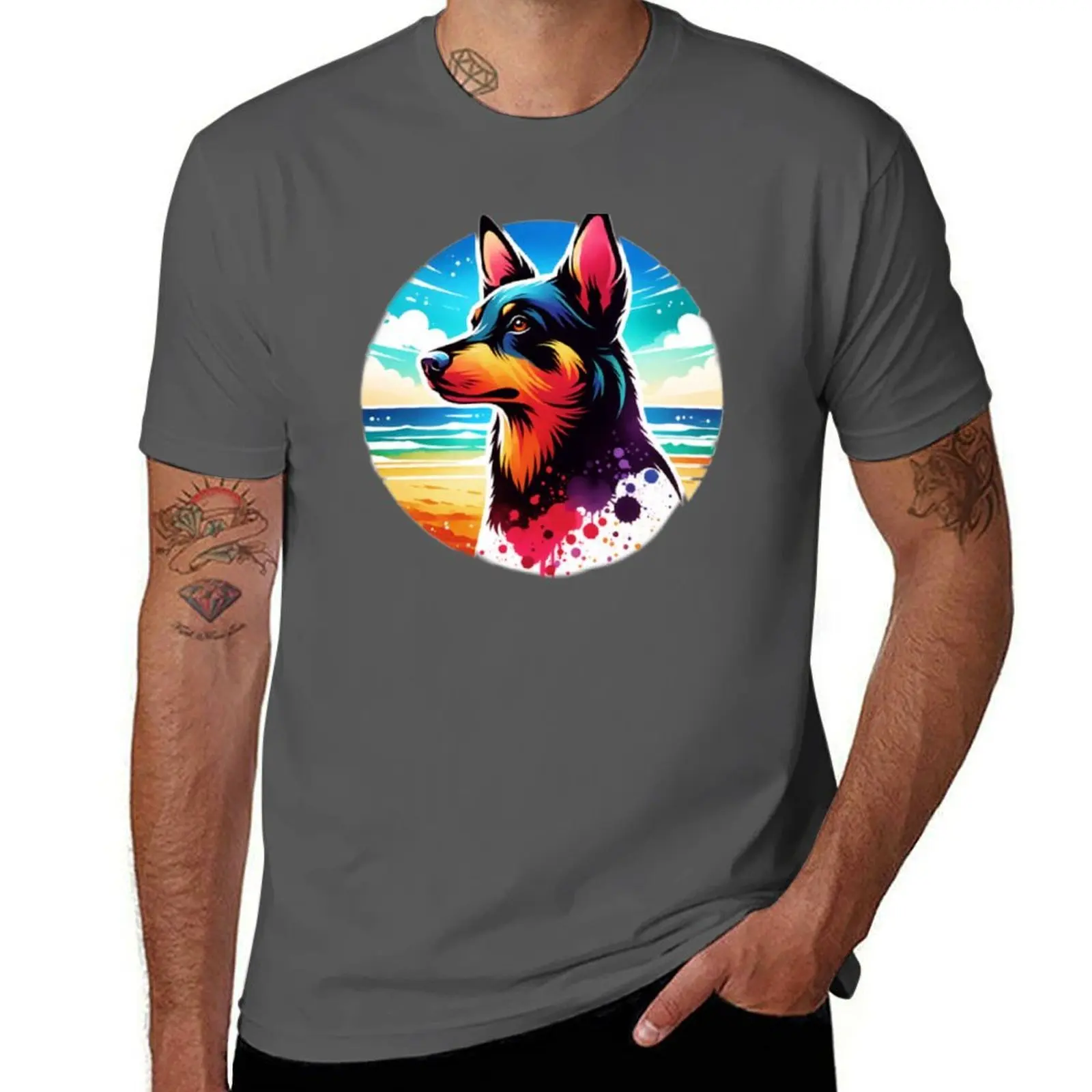 

Australian Kelpie Beach Background T-Shirt Plus Size Workout Short Sleeve Top
