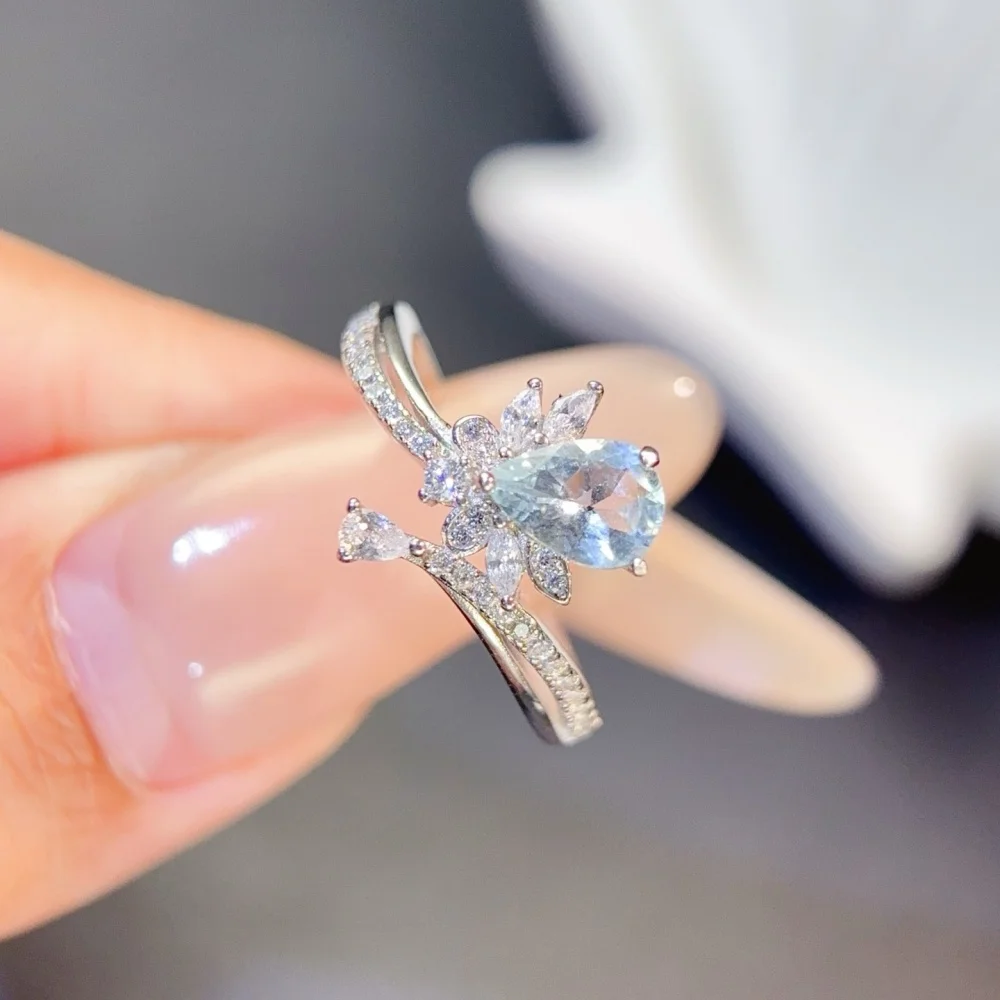 S925 Natural Aquamarine Ring Crystal Polishing Aura Jewelry Trendy Creative Women Party Gift Fashion Holiday Gift