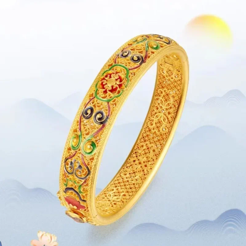 Pulsera de esmalte de dragón y Phoenix Chengxiang para mujer, oro amarillo de 24K 9999 real, brazalete abierto, elegante