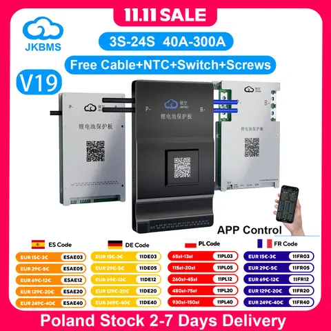 JIKONG V19 JK BMS 4S-8S-24S BMS inteligente BT APP RS485 puede calentar 0.4A-2A 12V-100V BMS de equilibrio activo para batería Li-Ion lifepo4 LTO