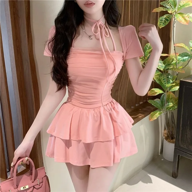 

Spicy Girl Sweet Hanging Neck T-shirt Cake Skirt Two Piece Set Women Shirring Lace Up Korean Solid Slim Summer Academy Lady Suit