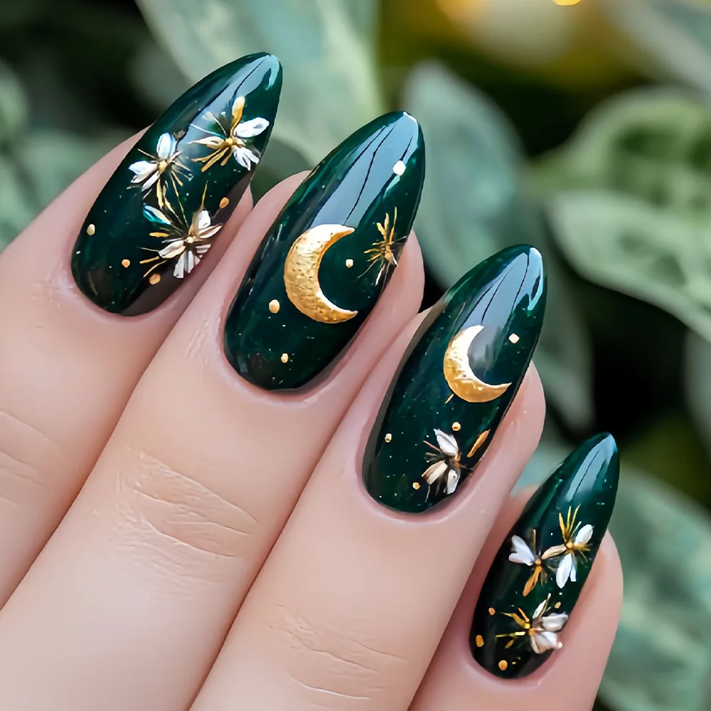 เล็บปลอมแบบกดติดทรงอัลมอนด์ขนาดกลาง สีดำ ทอง ม่วง เขียว ลายผีเสื้อ ดอกไม้ สำหรับฤดูใบไม้ร่วงและฤดูหนาว