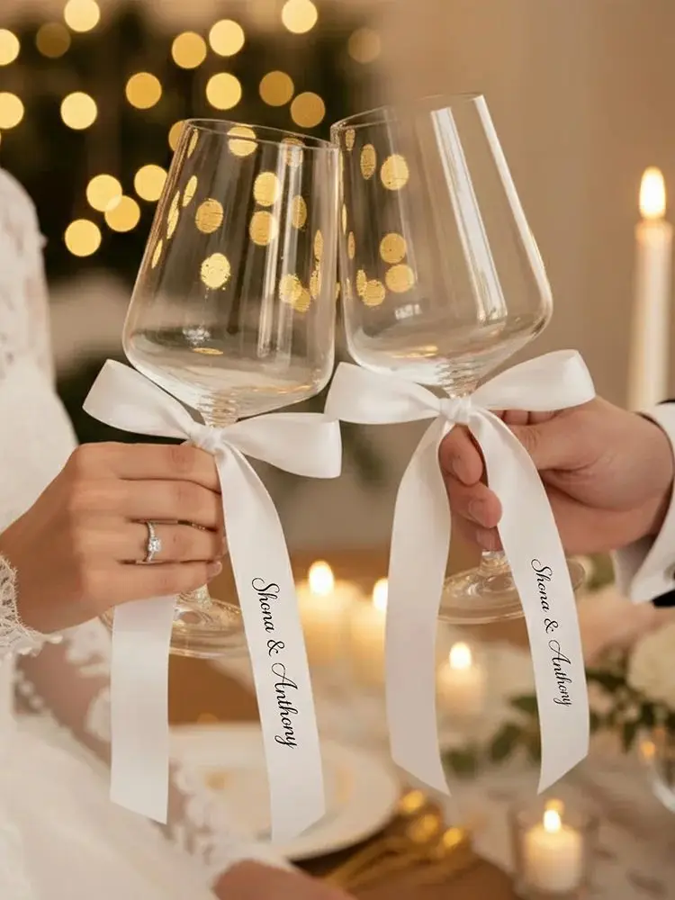Personalisierte 5-teilige weiße Bänder mit Namen, Hochzeitstagszubehör, Weinglas-Etiketten, Tischservietten-Dekorationen, Sitzkarten für den Empfang – Detail 4