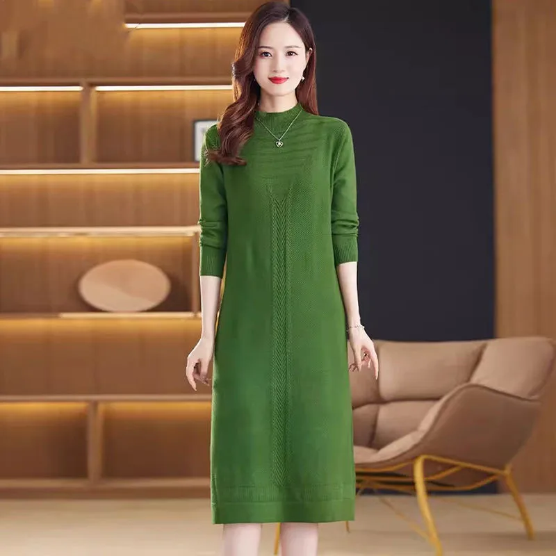 Women Autumn Winter Knit Dress 2023 New Fashion Half High Collar Solid Stright Oversize Female Sweater Dresses Top Quality