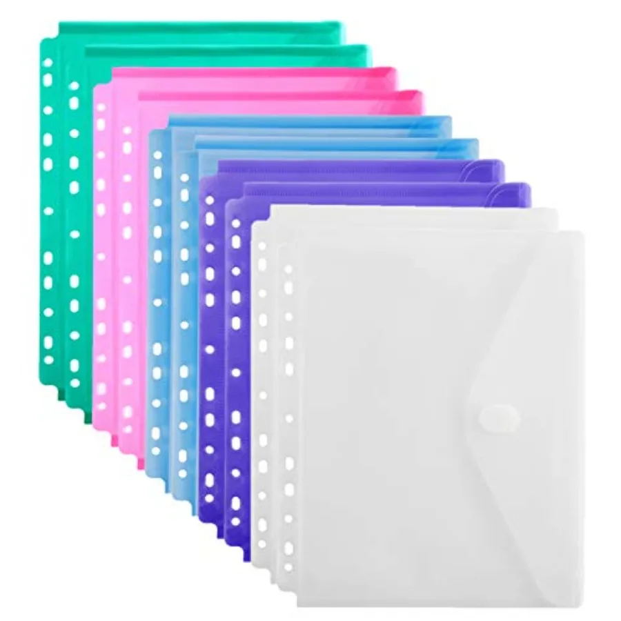 

10 Packs 11 Holes Transparent Poly Project Envelope Pocket Insert Pages for Bindewith Hook and Loop Closure Clear Letter Size A