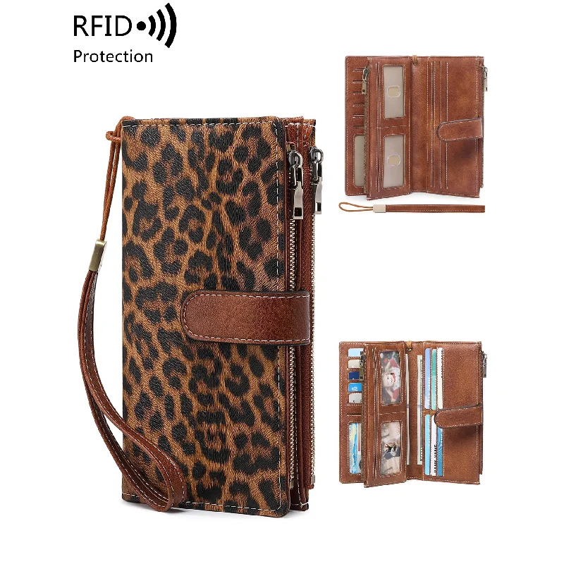 Fashion Vintage Women Wallet RFIDShieldingDouble Zipper Long Wallet Trifold Credit CardHolder Women Clutch Wristlet Wallet