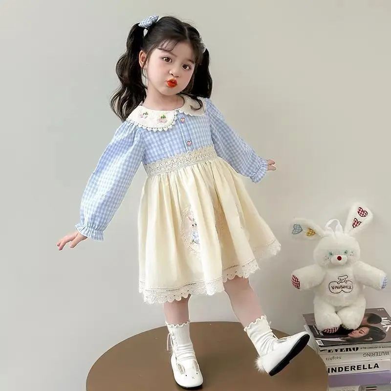 Girl Lolita Embroidered Dress Spring/Autumn New Fashionable Baby Doll Collar Checkered Princess Dress