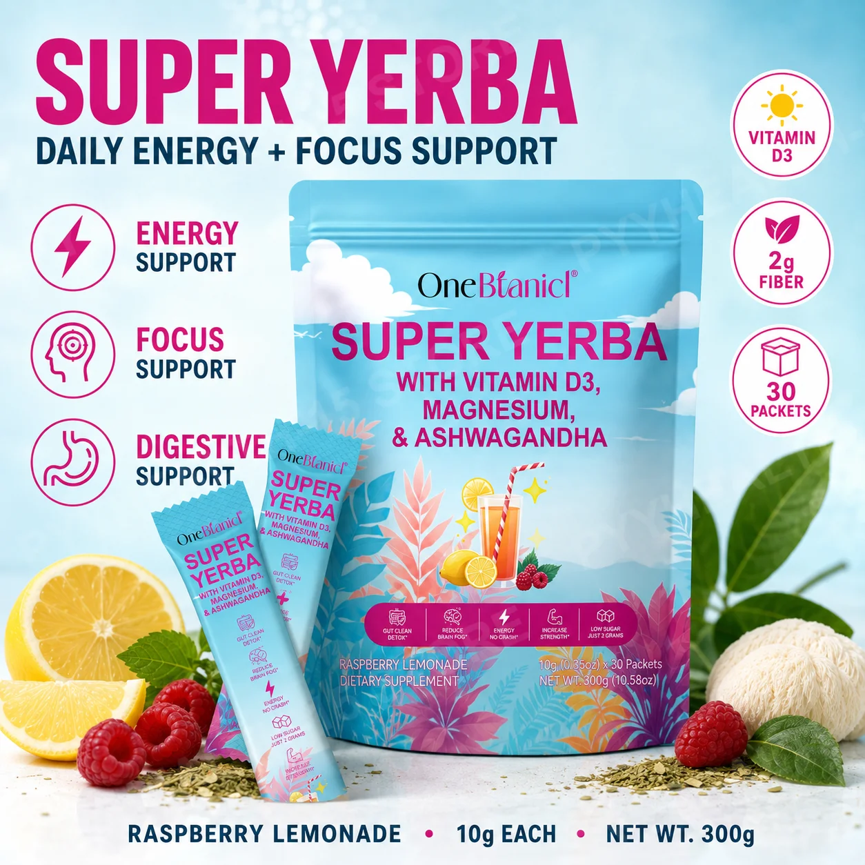 Raspberry Lemonade Yerba Mate Powder with Lion's Mane, Ashwagandha & L-Theanine, Energy Focus & Gut Wellness Support, 30 Packets