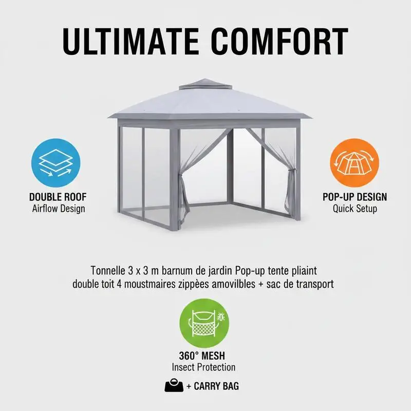 Tonnelle de jardin 3 x 3 m, barnum pliable, tente pop-up à double toit, 4 moustiquaires zippées amovibles + sac de transport
