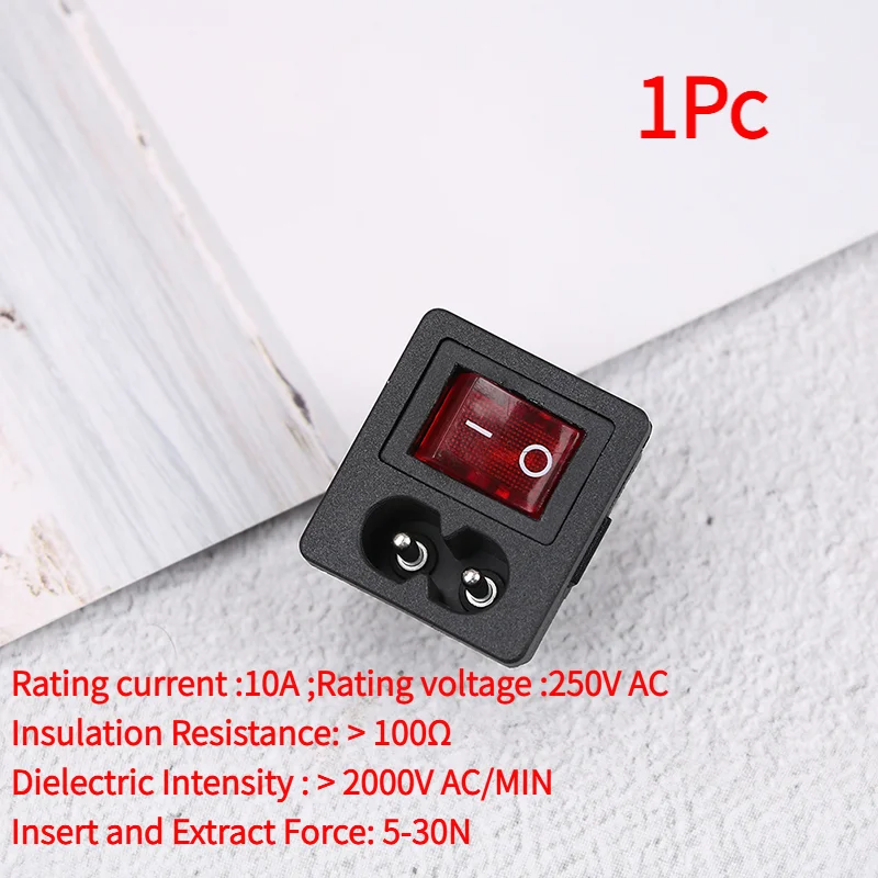 1Pc Power Cord Inlet Socket Receptacle With ON-OFF Red Light Rocker Switch 250V 10A.