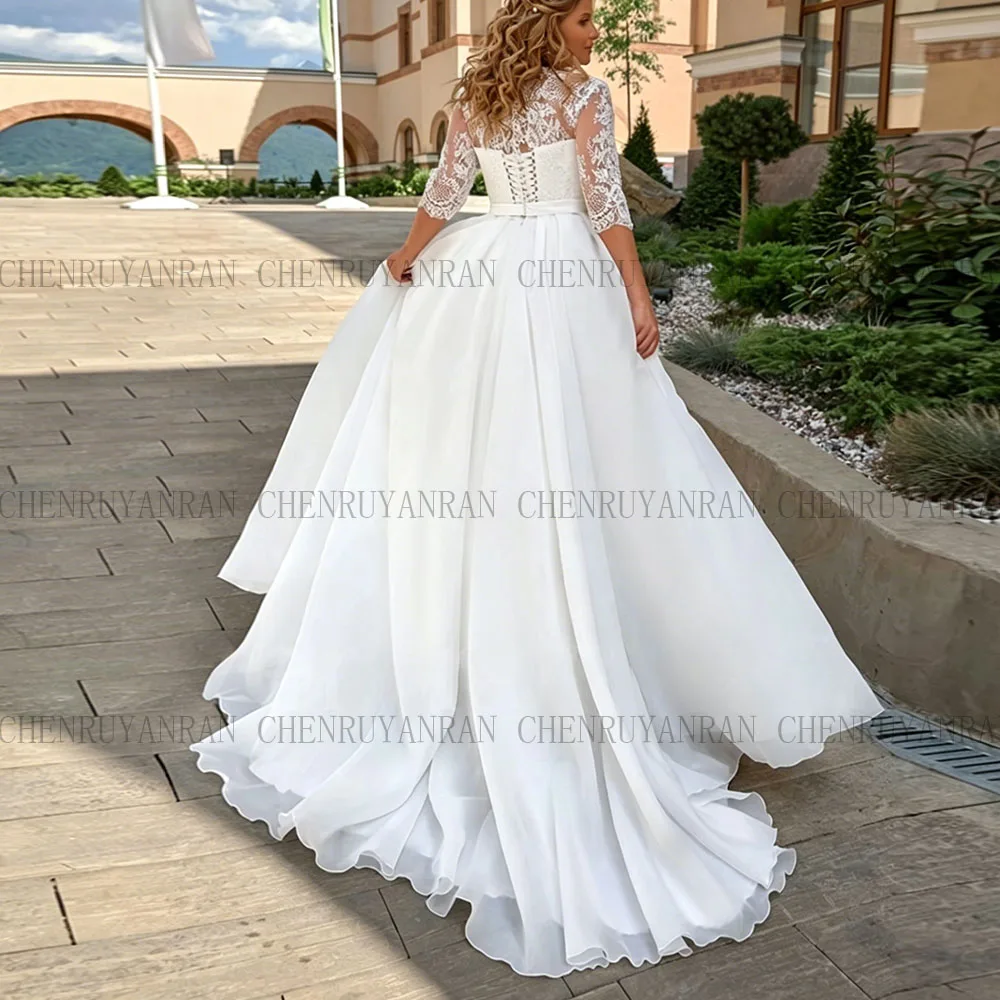 Exquisite Plus Size Wedding Dresses For Bride V-neck A-Line Bridal Gowns Three quarter Lace Applique Brides dress Customized