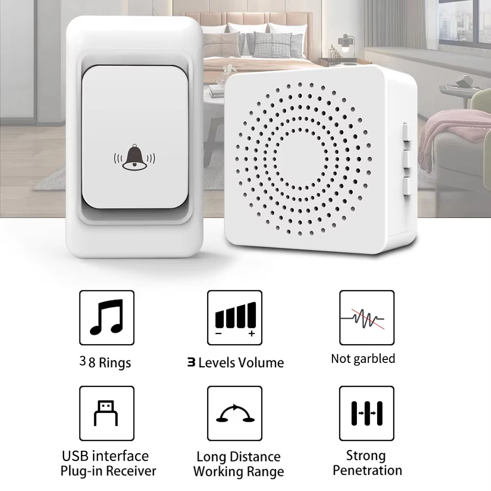 USB Doorbell - Wireless Home Smart Ultra-Long-Range Remote Control Doorbell - USB Power Supply - Elderly Call Reminder Device