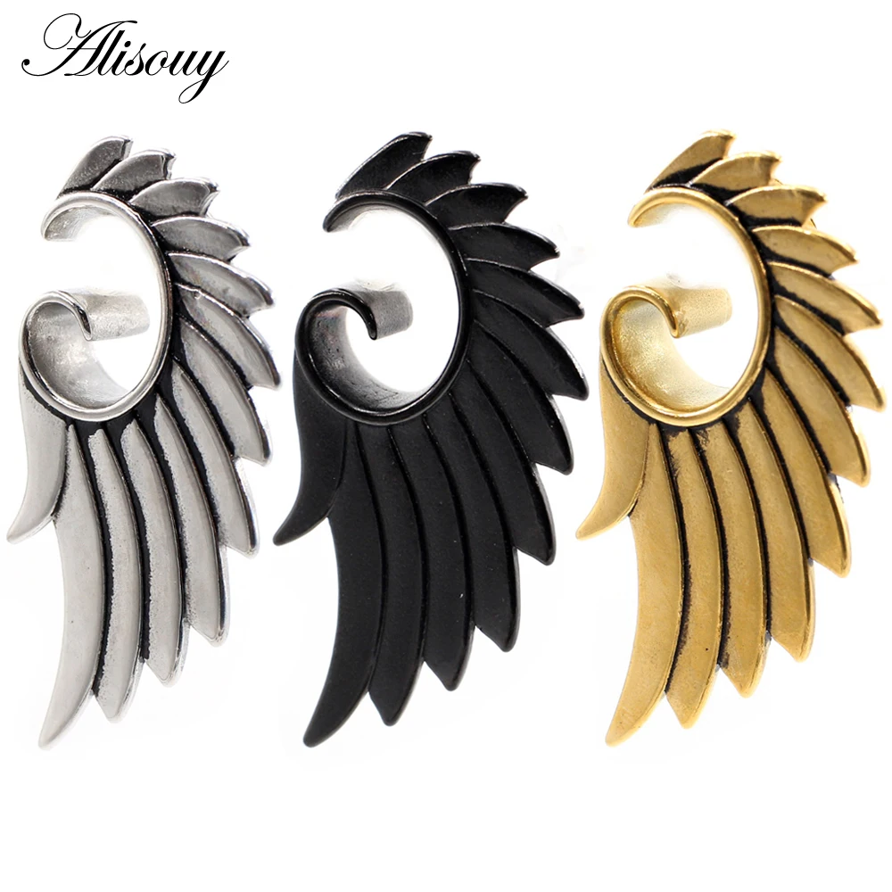 Alisouy 2 szt. 8-25mm Stal Nierdzewna Spiralne Skrzydła z Piórami Tunele do Uszu Rozpychacze Ekspandery Rozciągacze Kolczyki Piercing Biżuteria do Ciała