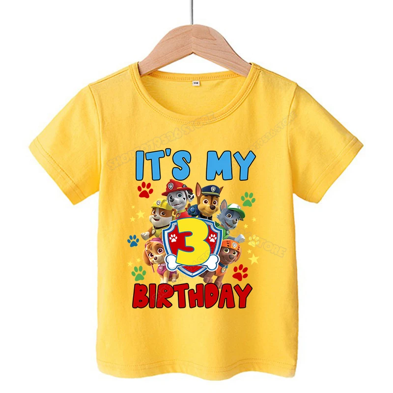 포파트롤 생일 숫자 티셔츠 만화 어린이 옷 체이스 스카이 러블 코튼 티셔츠 귀여운 남자아이 여자아이 여름 반팔 상의