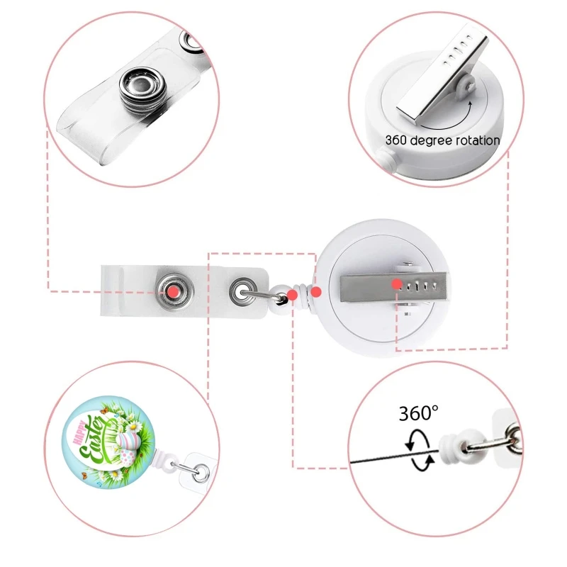 Adorável porta-crachá retrátil com clipes jacaré rotativos, clipe carretel identificação Páscoa para médico
