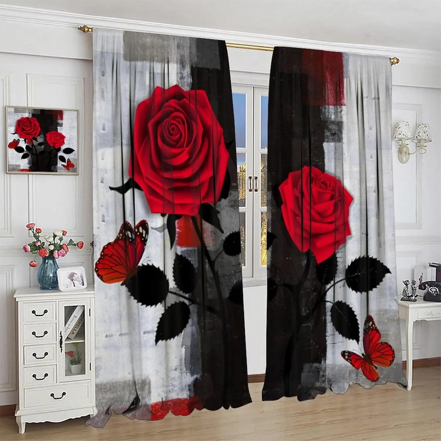 Red Rose Butterflies Curtains, Abstract Modern Art Black Grey Red Vintage Oil Painting Window Treatments for Living Room Girls