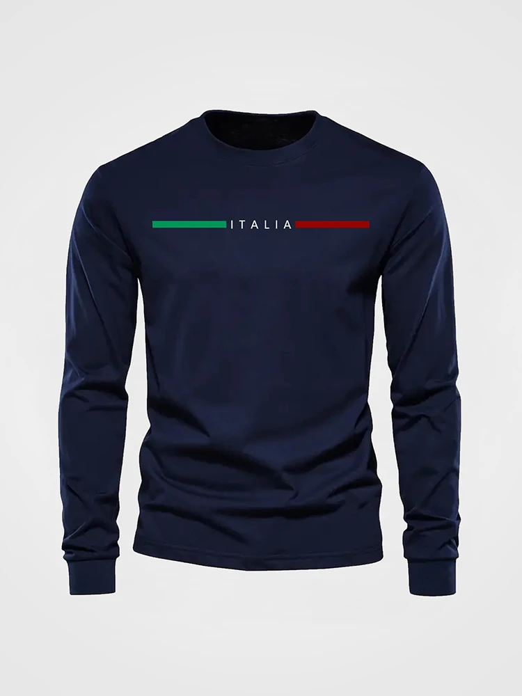 New Men's Casual Long-sleeve T-shirt with ITALIA Letter Print Round Neck Long Sleeve Simple Solid Color Men's Autumn Sportswear