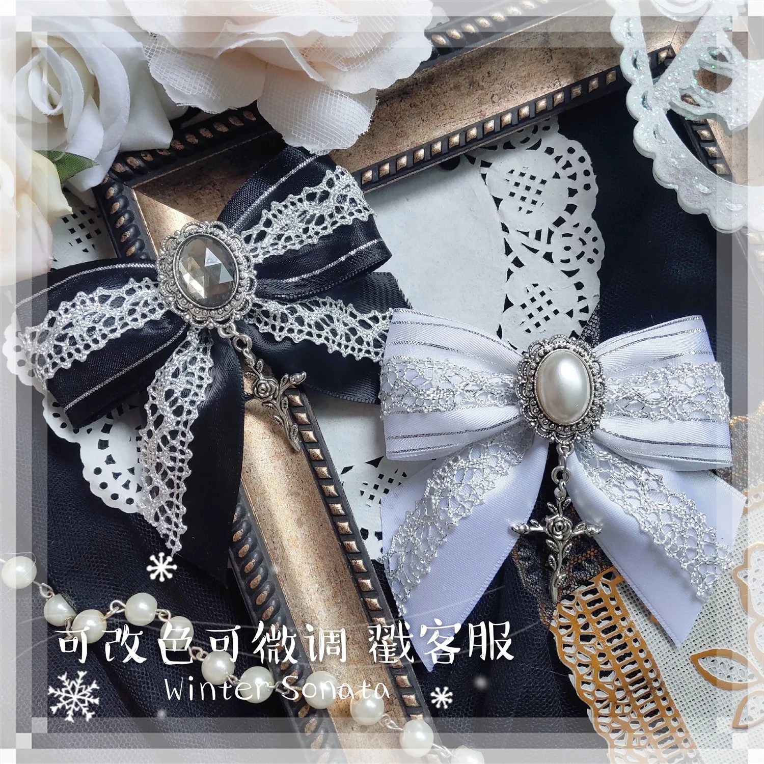 Lolita Gothic Vintage Hand Made Lace Bow Ita Bad Support Stick Cheerful Fan Quadratic Element Ribbon Cross Ribbon Award