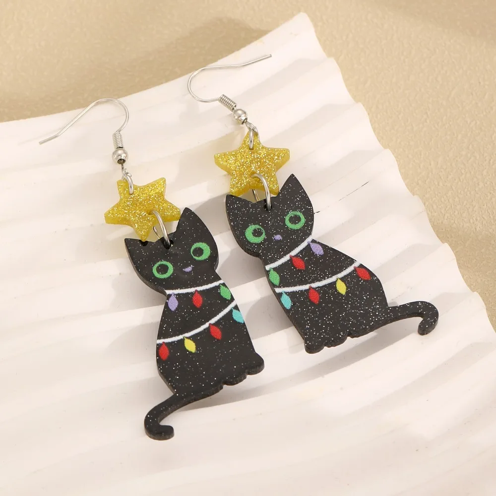 Exquisite Acrylic Material Cat Earrings Cartoon Style Vivid Print Christmas Earrings Cute Shape Ear Jewelry Holiday Gift