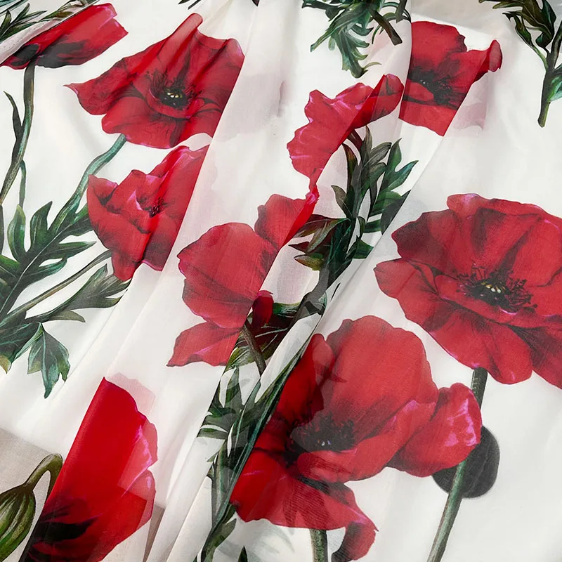 Europe And America Red Big Rose Flower Printed Thin Chiffon Fabric For Woman Summer Dress Blouse Handmade DIY Cloth Sewing