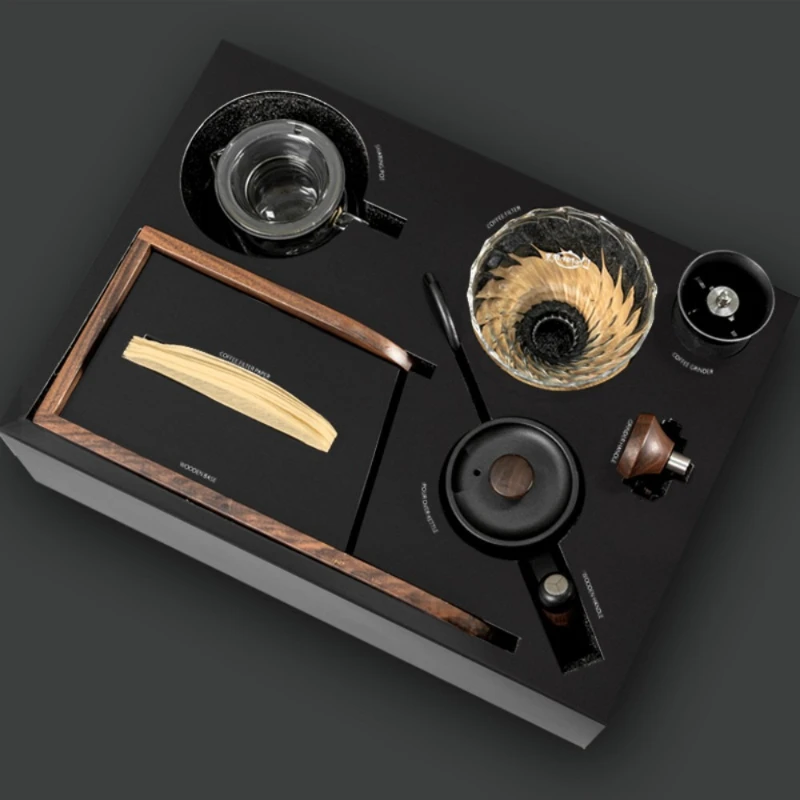 

Hand brewing coffee set, walnut stand, hand grinding coffee pot set, coffee utensils, hand brewing pot, bean grinder set
