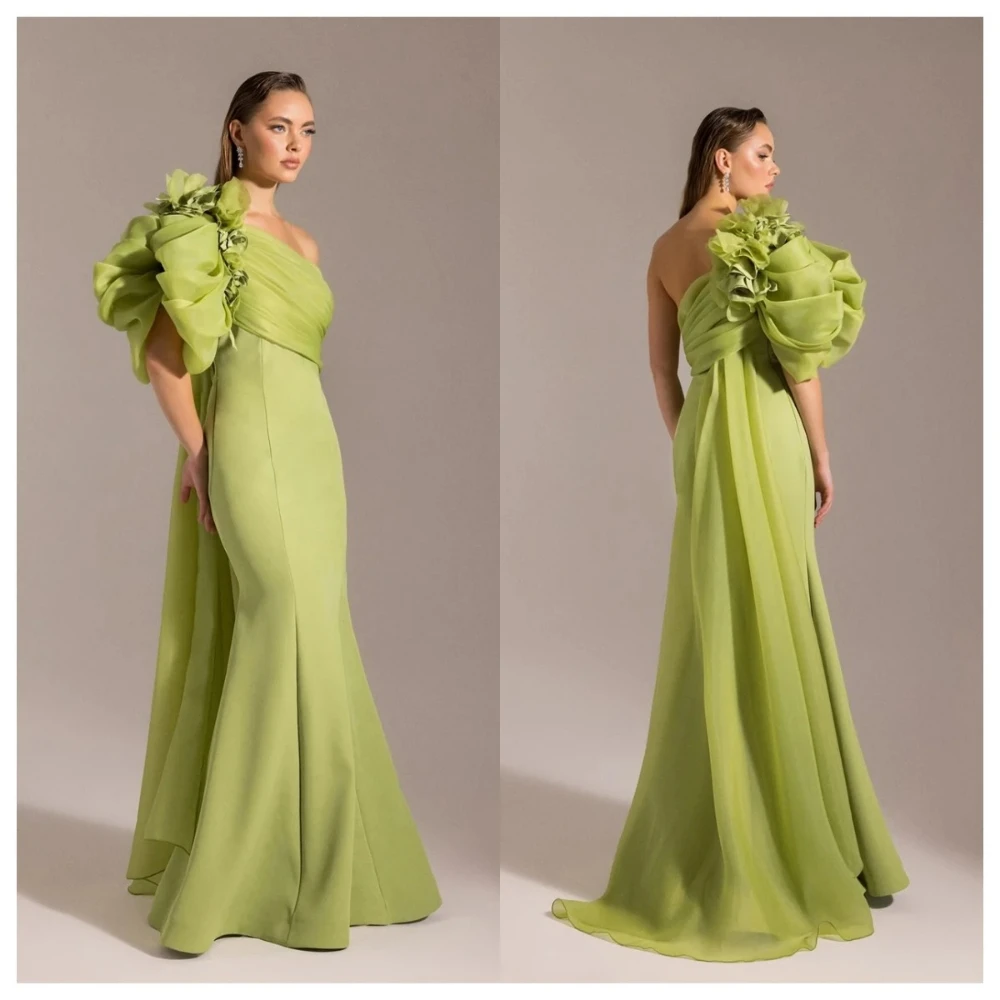 

Elegant Green Jersey Evening Dress Customized One Shoulder Pleat Jersey Mermaid Evening Gowns Long Formal Party Dress