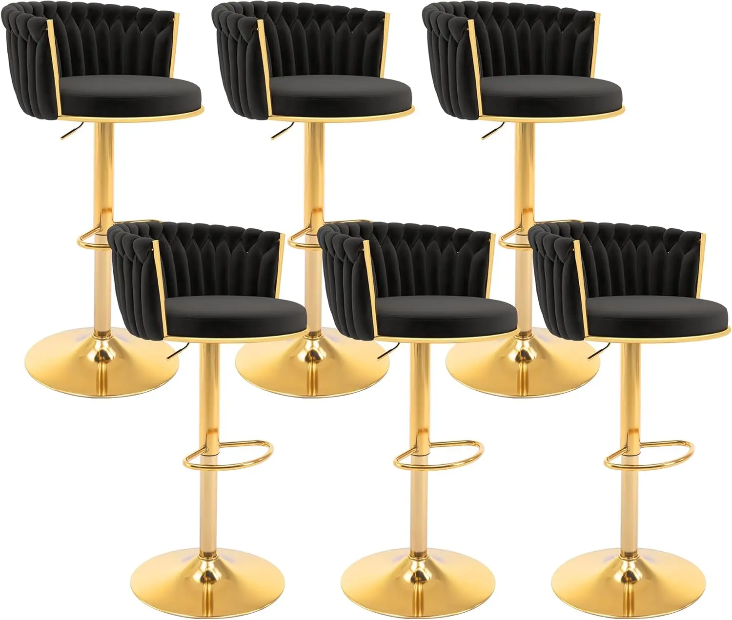 Gold Bar Stools Set of 6, Modern Adjustable Bar Height Barstools, Velvet Swivel Bar Chairs with Woven Backrest, Metal Footrest