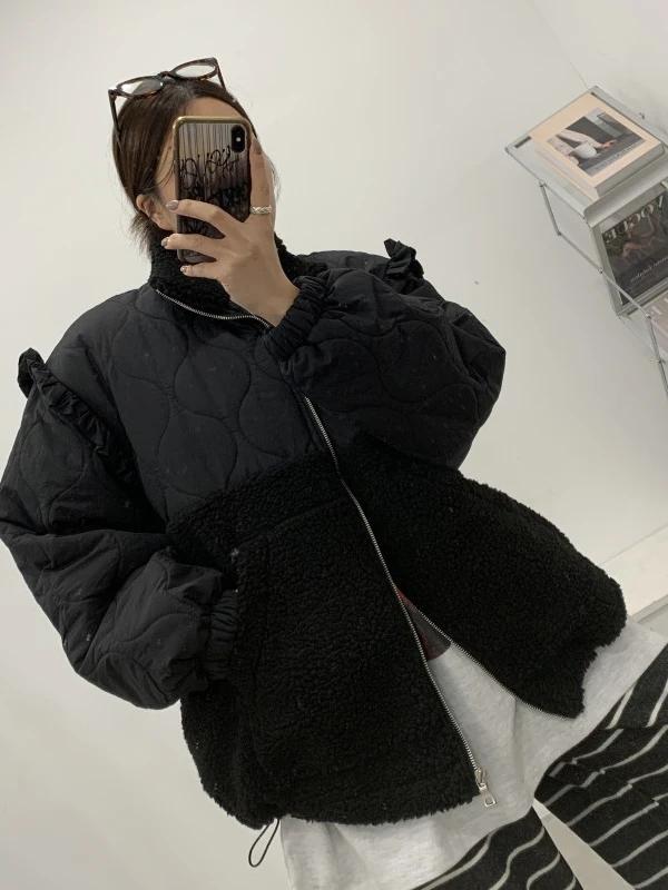 

Korean Sle Faionable Spliced Lamb Fur Cotton Lined Warm Coat Women's Bla Versatile Outerwear Trendy Winter Jaet