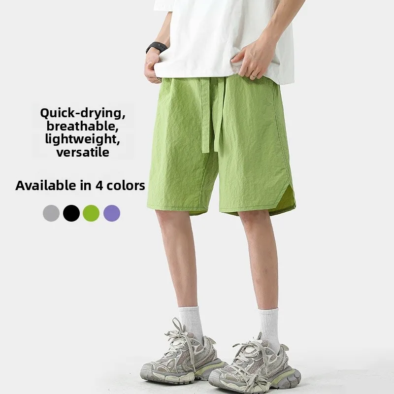 

Мужские шорты из ледяного шелка, летние, тонкие, дышащие, в конфетных цветах, в американском стиле High Street, спортивные, пляжные, средней длины.