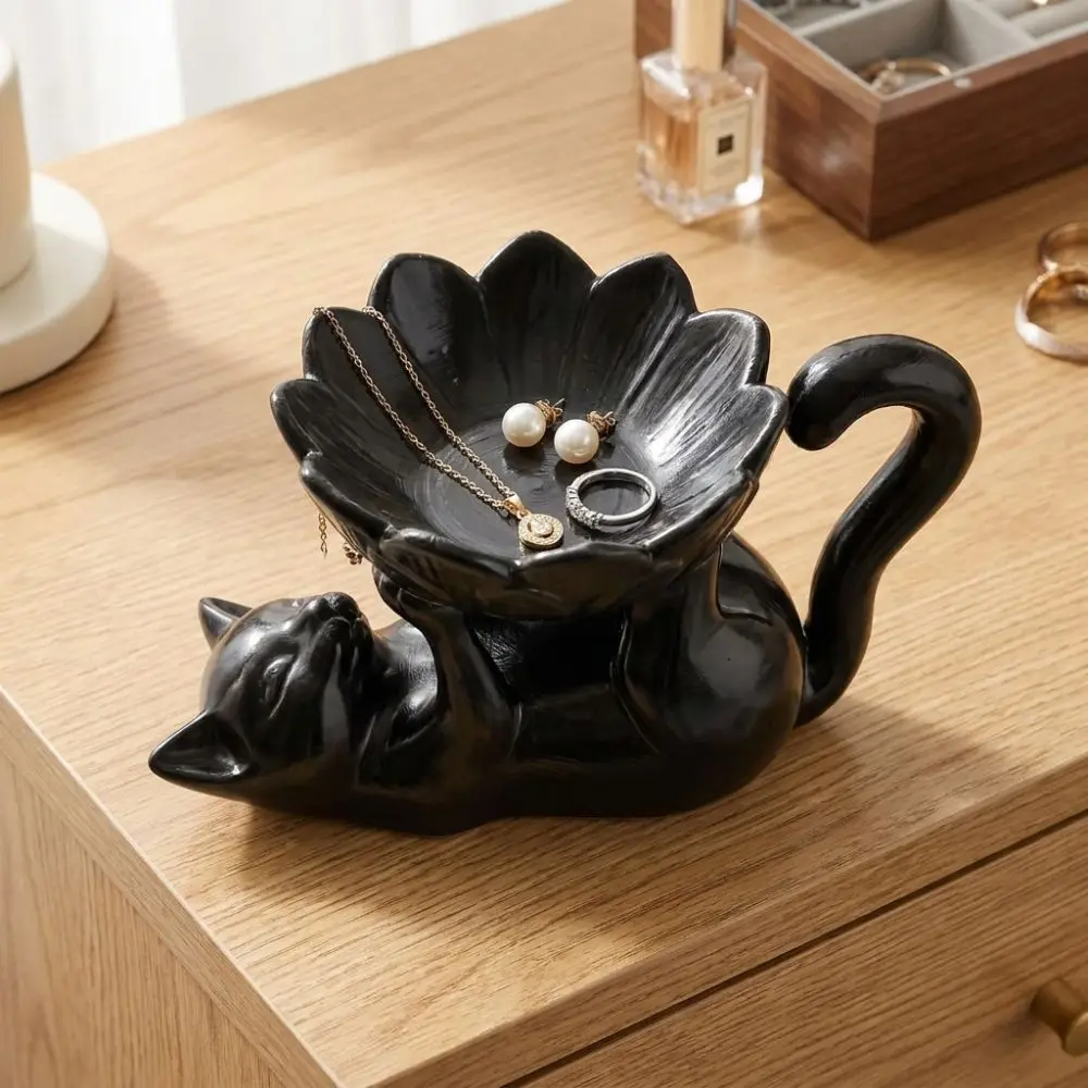 3D Printed Cat Lotus Jewelry Tray Cat Holding Lotus Cartoon Ring Storage Holder Waterproof Stable Base Cat Decor Storage Statue
