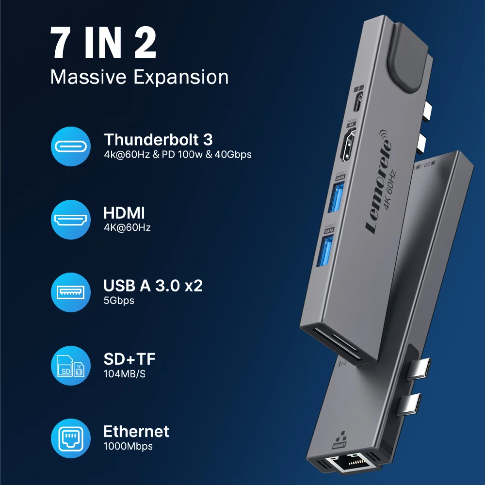 LemoreleTC47 USB C타입 허브 듀얼 USB-C, HDMI RJ45, USB PD 3.0 SD, 맥북 프로 에어 어댑터, 썬더볼트 3 도크, USB C 3.0 타입