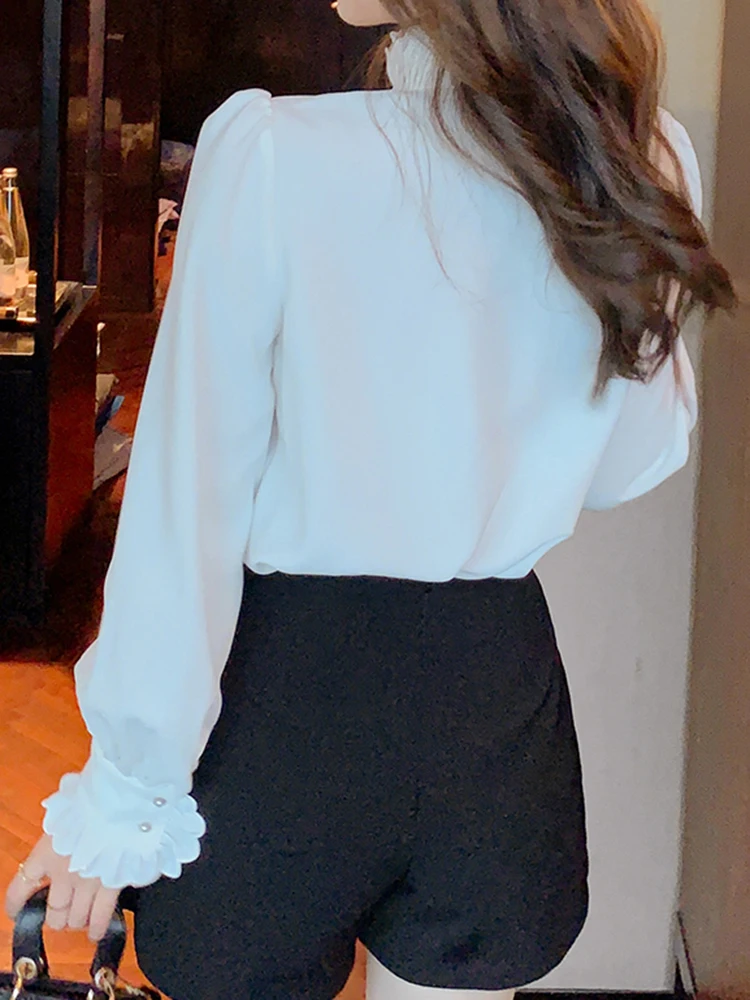 Chic Ruffles Collar Long Sleeve White Shirts Women Puff Sleeve Loose Casual Tops Office Ladies Blouse Spring Autumn Tops Shirts