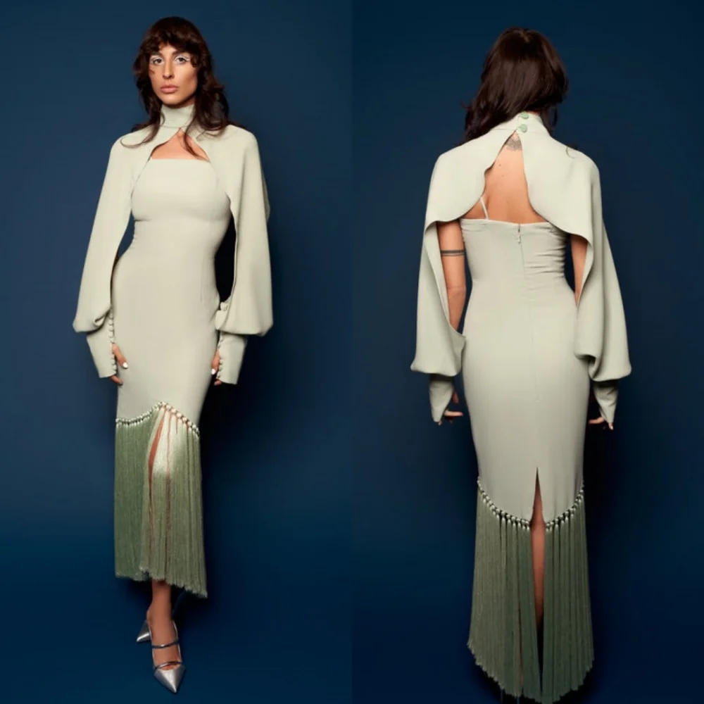 Jiayigong Jersey Ruched Button Tassel Formal Evening A-line High Collar Bespoke Occasion Gown Midi Dresses Saudi Arabia