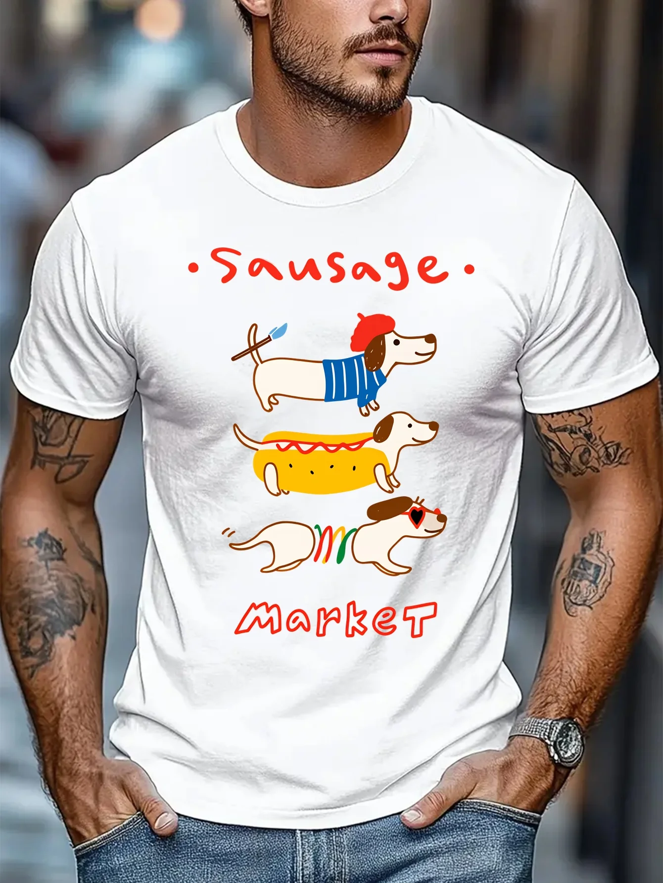 Men Crew Neck Cotton Tee Sausage Market Dachshund Graphic Short Sleeve Casual Summer Dog Lover Daily Streetwear Basic T Shirt