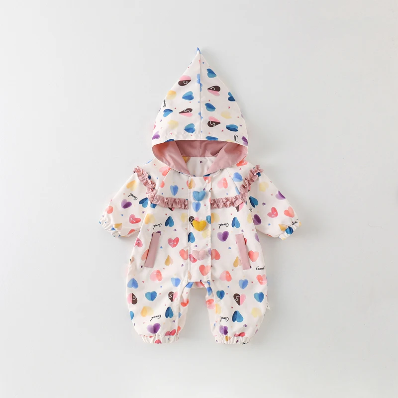 IYEAL Baby Boys Girls Hooded Romper Cute Bear Heart Print Bow Decor Zipper Long Sleeve Newborn Jumpsuit Infant Autumn Outfit