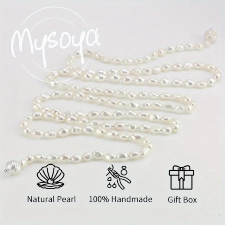 

MYSOYA 7-8mm Natural White Freshwater Baroque Pearl Long Necklace For Women Men Gift Box Birthday Wedding Christmas Jewelry Gift