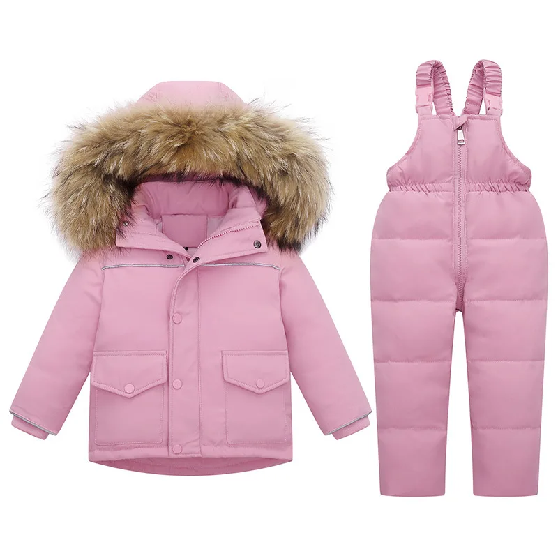 -30 Degree Russian Winter Children Boys Camouflage Down Jacket Waterproof Real Fur Girl Overalls 1-5 Years Kids Boy Snowsuit Set