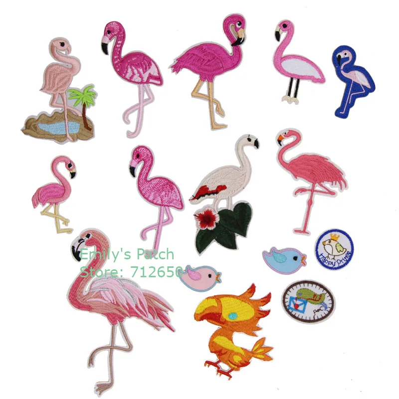 Envío rápido, 10 Uds., parche bordado de pájaros flamencos, apliques para planchar en motivo, ropa, sombrero, bolsa, decoración de zapatos, accesorio bordado