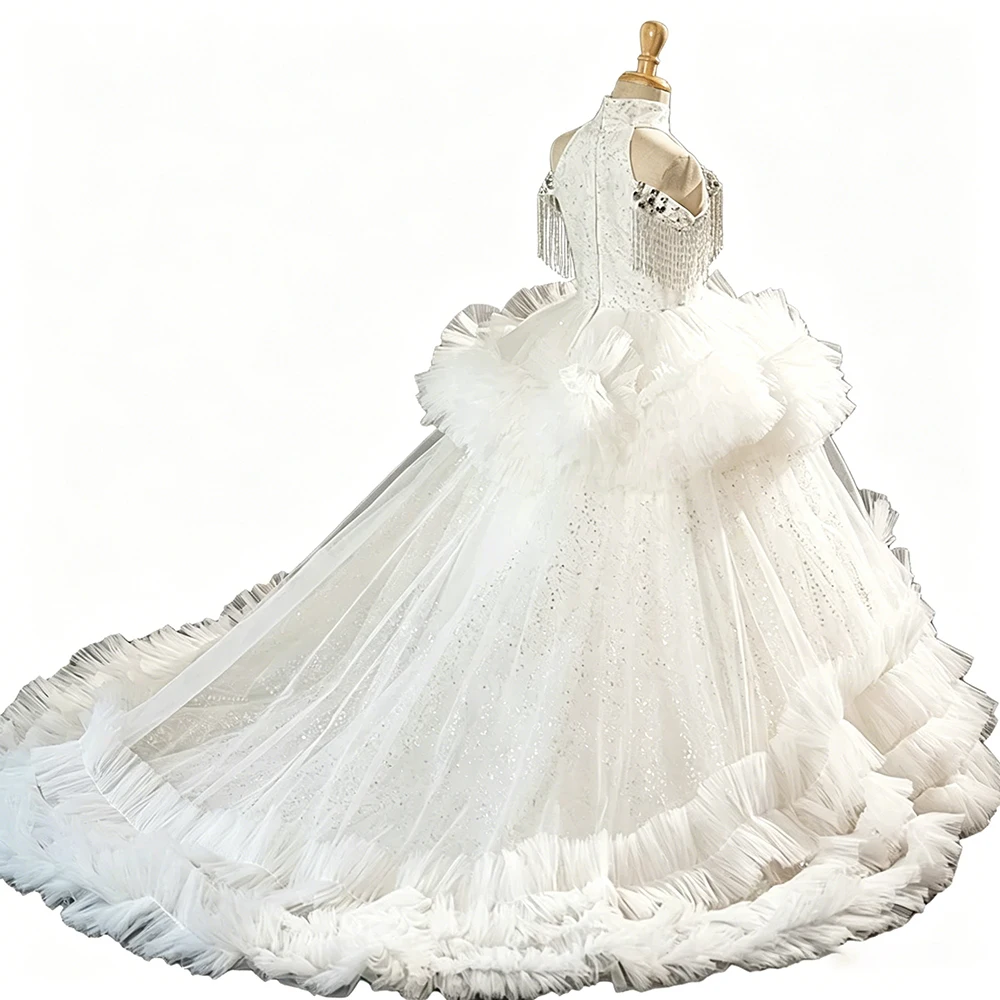 High End Off Shoulder White Tulle Tassel Pageant And Wedding Party Floor Length Dress For Girls Kids Evening And Birthday Gown