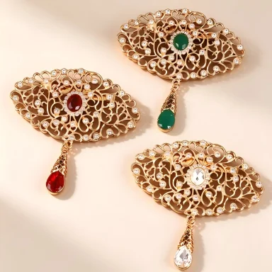 Vintage Hollow Gold Filigree Brooch Water Drop Crystal Pendant Pin Moroccan Ethnic Jewelry for Abaya and Formal Outfits