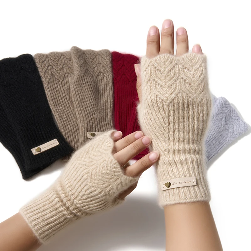 Benefit Price Women 100% Premium Cashmere Mitts Knitted Lace Fingerless Gloves Lady Elegant Thermal Gloves Lengthen Mittens