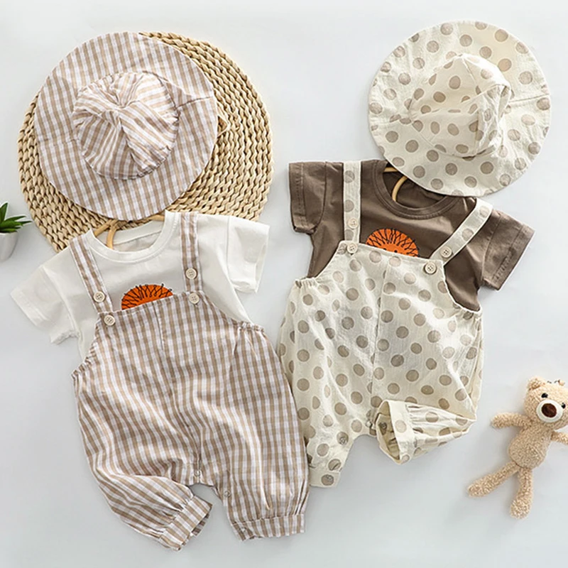 Korean Style Newborn Baby Girls Boys Clothing Sets Cotton Short Sleeve T-shirt+Hat+Romper Toddler Baby Clothes Suit For Summer