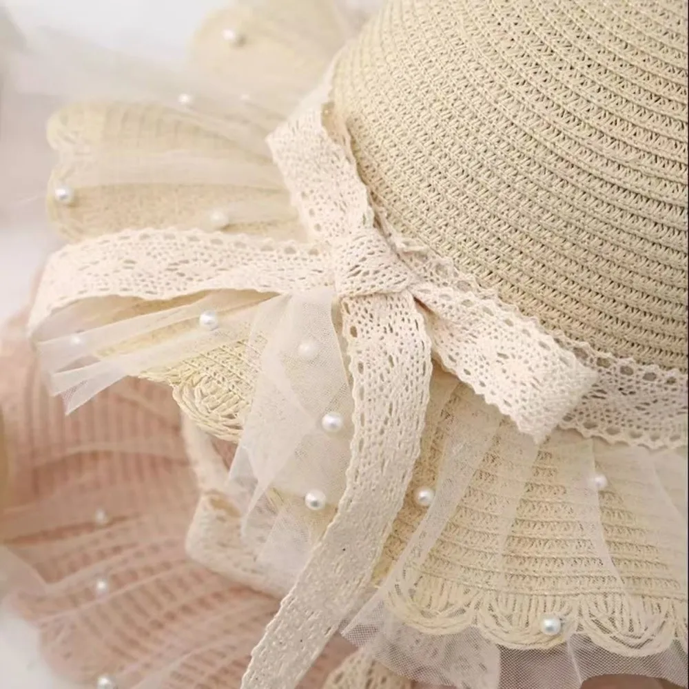 

Gifts Pearl Summer Children Beach Hats Lace Sun Protection Wide Brim Straw Cap Sunscreen Tools Sunshade Fisherman Hat