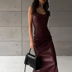 Women Red Leather Maxi Dress Classic High Street Solid Sleeveless Zip-up Straight Bodycon Female Concise Elegant Party Vestido